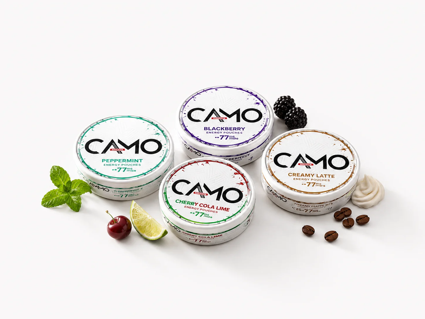 CAMO Energy — kofeinové sáčky, řada příchutí (Peppermint, Blackberry, Cherry Cola Lime, Creamy Latte)
